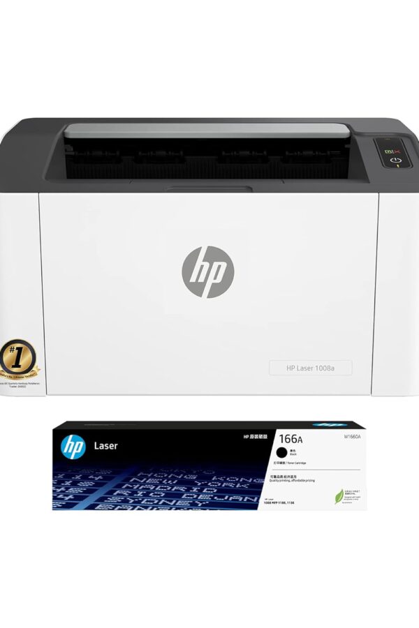 HP Laser 1008a Printer, Single Function, Print, Hi-Speed USB 2.0, Up to 21 ppm, 150-sheet Input Tray, 100-sheet Output Tray, 10,000-page Duty Cycle, 1-Year Warranty, Black and White, 714Z8A